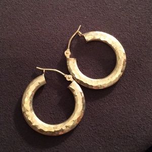 14K Yellow Gold Hammer Cut Hoop Earrings